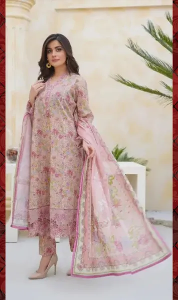 Pakistani Husnara Candy Floss Signature Embroidered Lawn Stitched 3Pcs _ Pink 